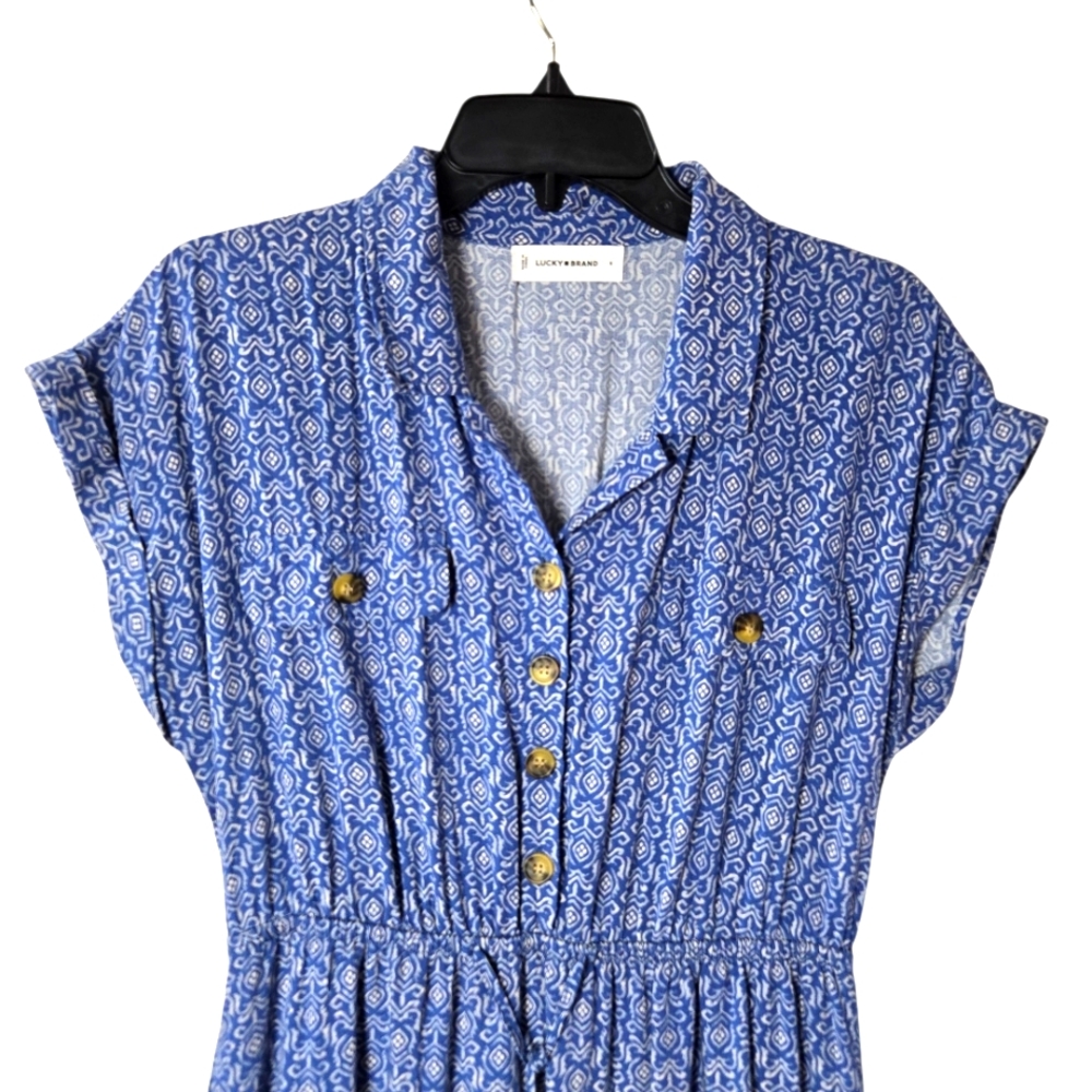 Lucky Brand Boho Midi Shirt Dress Blue Button Front Elastic Waist Size Small - Picture 4 of 15